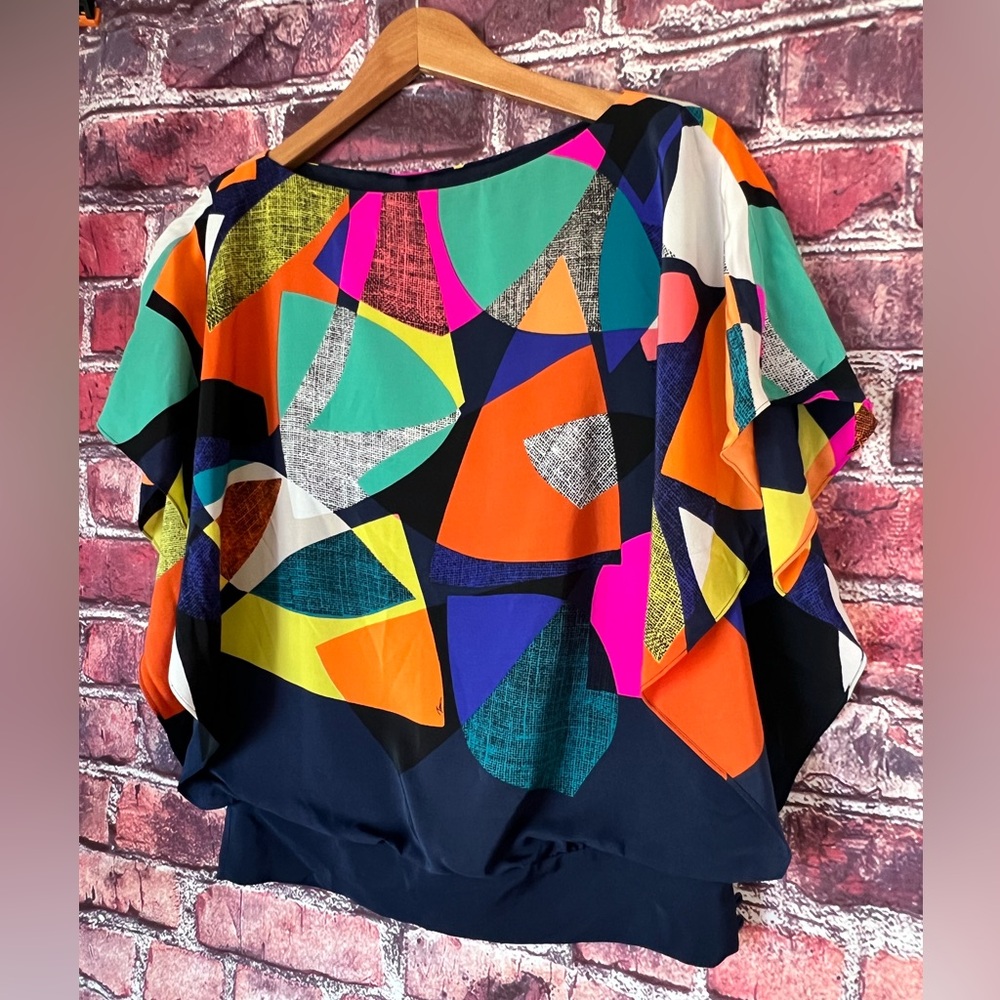 NWT Trina Turk Verge Multicolor Geometric Abstract Silk Top - Picture 3 of 7